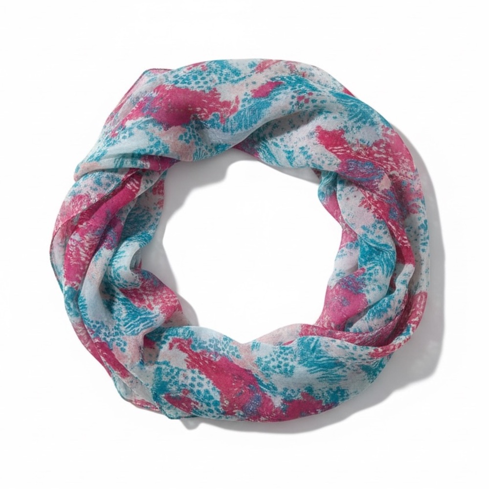 Abstract Print Infinity Scarf Pink Teal Lightweight Sheer Loop Resort Style